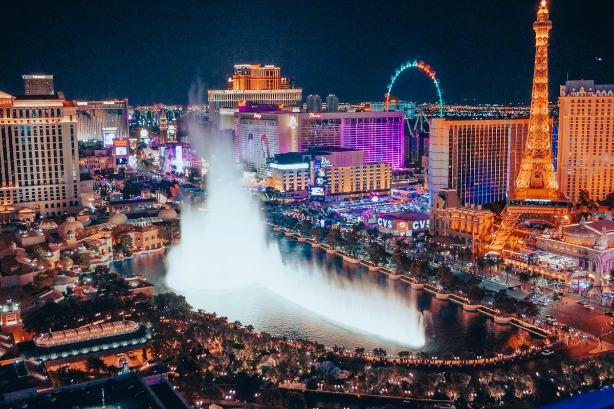Las Vegas fountains lit up at night
